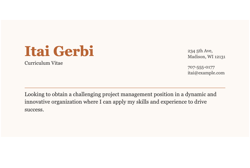 CV resume - Elegant cream-tone professional profile with classic typography, perfect for showcasing career objectives and contact details.